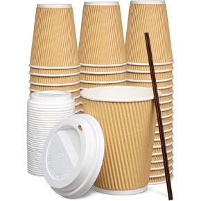 GUSTO [12 oz. - 100 Count Insulated Kraft Ripple Paper Hot Cups, Disposable Coffee Cups With Lids - Ideal for Hot Beverages, Travel, and Office Use (Formerly Comfy Package)
