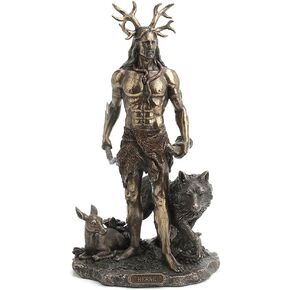 Veronese Design 11 3/4 Inch Tall Herne The Spirit Hunter of Windsor Forest Standing with Deer and Wolf Cold Cast Bronzed Resin Sculpture Celtic Wicca Statue