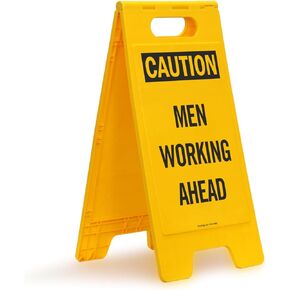 SmartSign 25 x 12 inch “Caution - Men Working Ahead" Two-Sided Folding Floor Sign, Digitally Printed Polypropylene Plastic, Black and Yellow