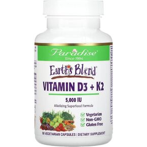 Paradise Herbs Earth's Blend Vitamin D3 + K2, Superfoods Base of Probiotics and Organic Alkalizing Greens, Veggies & Berries, 90 Vegetarian Capsules