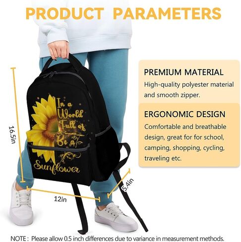 Kids School Backpack for Boys Girls, 16" Black Backpacks for School, Aesthetic Sunflower Pattern Large Capacity Bookbag for Preschool School in Saudi Arabia