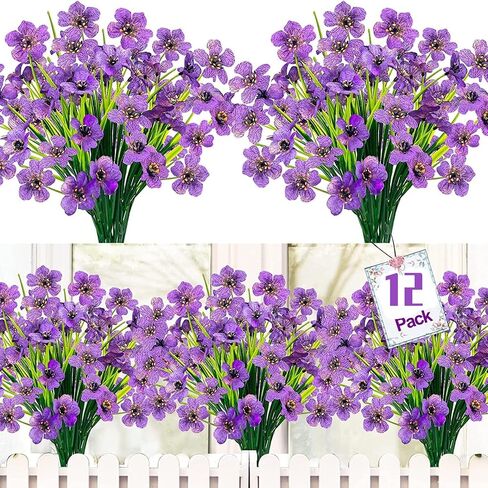 12 Bundles Artificial Flowers for Front Porch Decor - UV Resistant Violet Fake Plants Outside, Realistic Purple Faux Flowers, Plastic Faux Plants for Window Box, Patio, Cemetery, Farmhouse Decor in Saudi Arabia