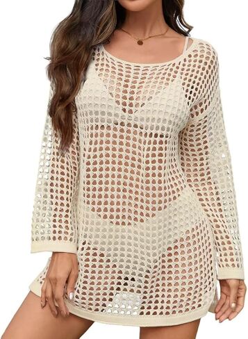 Women Swimsuit Crochet Swim Cover Up Summer Bathing Suit Swimwear Knit Pullover Beach Dress Apricot S in Saudi Arabia
