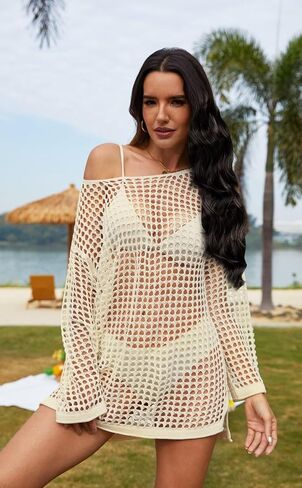 Women Swimsuit Crochet Swim Cover Up Summer Bathing Suit Swimwear Knit Pullover Beach Dress Apricot S in Saudi Arabia