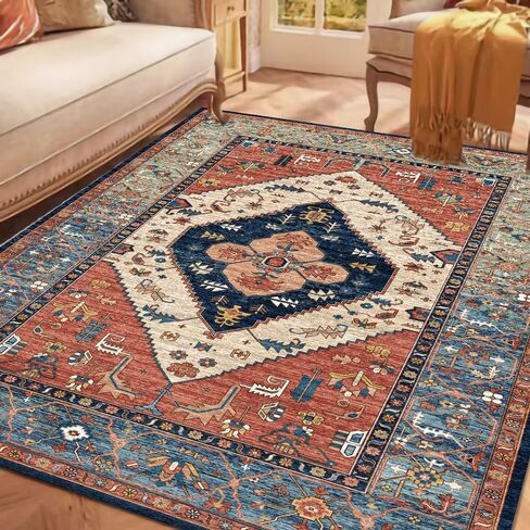 Area Rug - 6x9 Washable Bedroom Rug,Soft Non Slip Non-Shedding Kitchen Mat Indoor Accent Entry Carpet for Living Dining Playroom Nursery Camper (ZR1- Washed carpet-Red, 6'x9') in Saudi Arabia