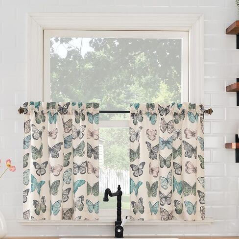 رقم 918 زوج من ستائر المطبخ Magdalena Crushed Sheer Voile Rod Pocket، مقاس 56 بوصة × 36 بوصة، أزرق in Kuwait