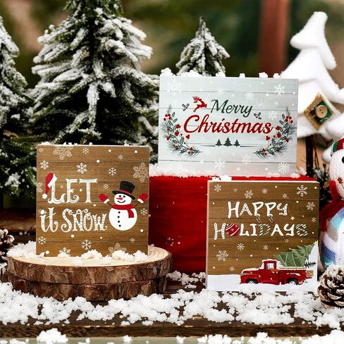 3 Pieces Christmas Tiered Tray Wood Signs Farmhouse Tray Decor Wooden Table Sign Christmas Inspired for Xmas Party Home Crafts Decorations DIY Decor Rustic Mini Wood Kitchen Signs in Saudi Arabia