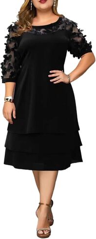 Women's Plus Size 3/4 Sleeve V Neck Chiffon Contrast Panel Cocktail Semi Formal Midi Dresses in Saudi Arabia