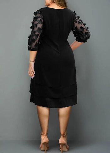 Women's Plus Size 3/4 Sleeve V Neck Chiffon Contrast Panel Cocktail Semi Formal Midi Dresses in Saudi Arabia