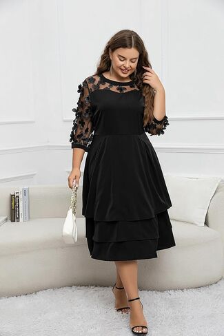 Women's Plus Size 3/4 Sleeve V Neck Chiffon Contrast Panel Cocktail Semi Formal Midi Dresses in Saudi Arabia