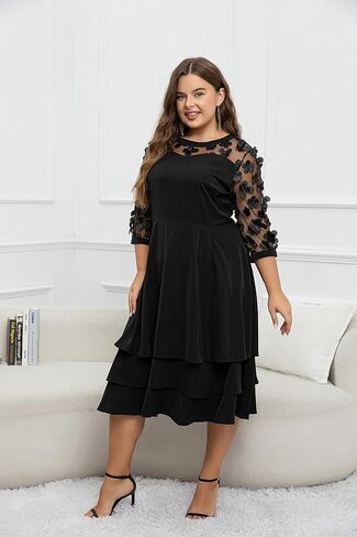 Women's Plus Size 3/4 Sleeve V Neck Chiffon Contrast Panel Cocktail Semi Formal Midi Dresses in Saudi Arabia