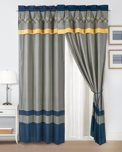 Chezmoi Collection Arden 4-Piece Modern Navy/Gray/Yellow Zigzag Stripe Embroidery Window Curtain Panel Set with Sheer Backing Valance Tassels, 120 inch x 84 inch in Kuwait