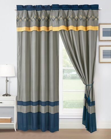 Chezmoi Collection Arden 4-Piece Modern Navy/Gray/Yellow Zigzag Stripe Embroidery Window Curtain Panel Set with Sheer Backing Valance Tassels, 120 inch x 84 inch in Kuwait