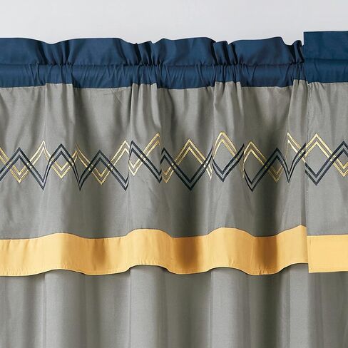 Chezmoi Collection Arden 4-Piece Modern Navy/Gray/Yellow Zigzag Stripe Embroidery Window Curtain Panel Set with Sheer Backing Valance Tassels, 120 inch x 84 inch in Kuwait