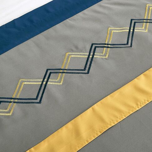 Chezmoi Collection Arden 4-Piece Modern Navy/Gray/Yellow Zigzag Stripe Embroidery Window Curtain Panel Set with Sheer Backing Valance Tassels, 120 inch x 84 inch in Kuwait