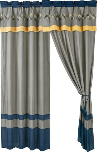 Chezmoi Collection Arden 4-Piece Modern Navy/Gray/Yellow Zigzag Stripe Embroidery Window Curtain Panel Set with Sheer Backing Valance Tassels, 120 inch x 84 inch in Kuwait