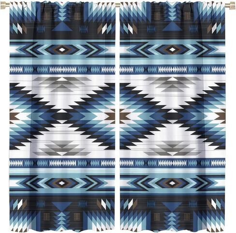 Aztec Blackout Windows Curtains, Vintage Native Western Ethnic Tribal Navajo Blue Abstract Geometric Brown Pattern, for Living Room Bedroom 42x45in 2 Panels in Saudi Arabia