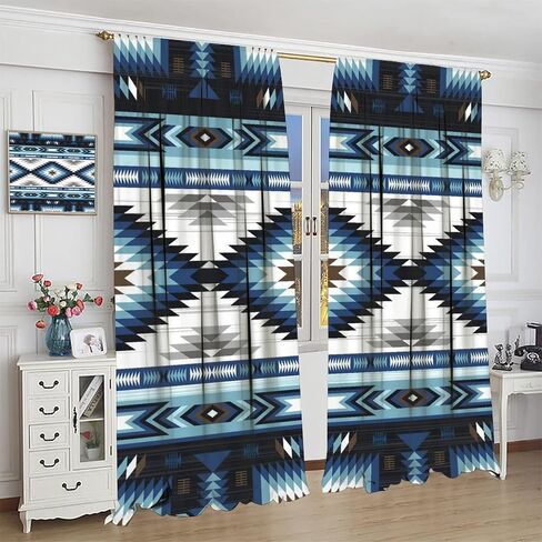 Aztec Blackout Windows Curtains, Vintage Native Western Ethnic Tribal Navajo Blue Abstract Geometric Brown Pattern, for Living Room Bedroom 42x45in 2 Panels in Saudi Arabia