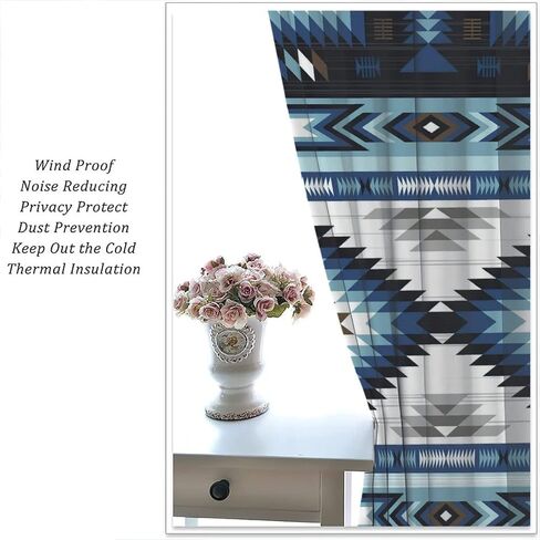 Aztec Blackout Windows Curtains, Vintage Native Western Ethnic Tribal Navajo Blue Abstract Geometric Brown Pattern, for Living Room Bedroom 42x45in 2 Panels in Saudi Arabia