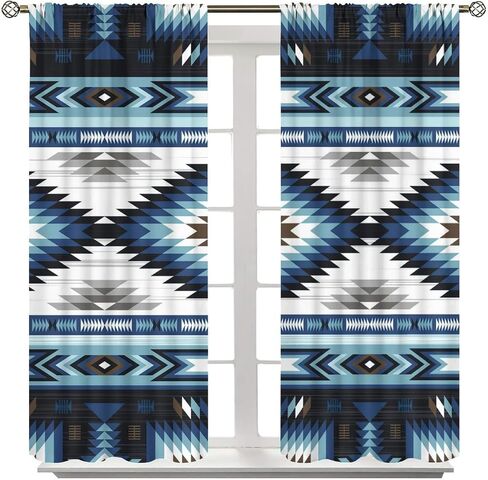 Aztec Blackout Windows Curtains, Vintage Native Western Ethnic Tribal Navajo Blue Abstract Geometric Brown Pattern, for Living Room Bedroom 42x45in 2 Panels in Saudi Arabia