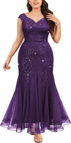 Miusol Women's Plus Size Sequins Lace Tulle Mermaid Hem V-Neck Sleeveless Formal Evening Party Maxi Dress in Saudi Arabia
