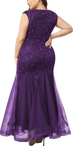 Miusol Women's Plus Size Sequins Lace Tulle Mermaid Hem V-Neck Sleeveless Formal Evening Party Maxi Dress in Saudi Arabia