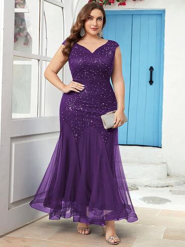 Miusol Women's Plus Size Sequins Lace Tulle Mermaid Hem V-Neck Sleeveless Formal Evening Party Maxi Dress in Saudi Arabia