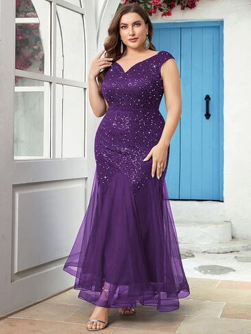 Miusol Women's Plus Size Sequins Lace Tulle Mermaid Hem V-Neck Sleeveless Formal Evening Party Maxi Dress in Saudi Arabia