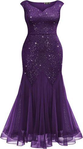 Miusol Women's Plus Size Sequins Lace Tulle Mermaid Hem V-Neck Sleeveless Formal Evening Party Maxi Dress in Saudi Arabia