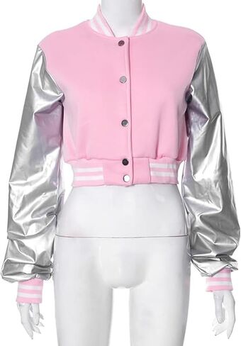 جاكيت اسكواش للنساء من Xaspee جاكيت قصير للبيسبول فضي من الجلد الصناعي بأكمام مطرزة من الخلف ليترمان جاكيت منفوخ in Kuwait