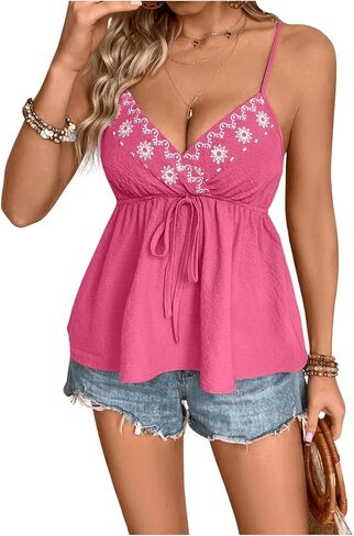 COZYEASE Women's Floral Embroidery Knot Front Cami Tops Peplum Sleeveless V Neck Tank Top in Saudi Arabia