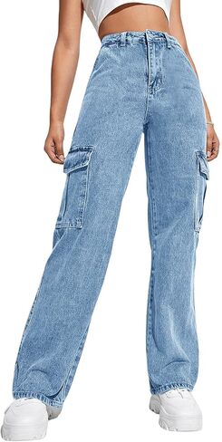 Haloumoning Girls Jeans Denim Elastic High Waisted Wide Leg Baggy Cargo Pants with Pockets 5-14 Years in Kuwait