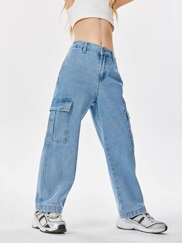 Haloumoning Girls Jeans Denim Elastic High Waisted Wide Leg Baggy Cargo Pants with Pockets 5-14 Years in Kuwait