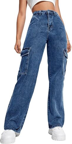 Haloumoning Girls Jeans Denim Elastic High Waisted Wide Leg Baggy Cargo Pants with Pockets 5-14 Years in Kuwait