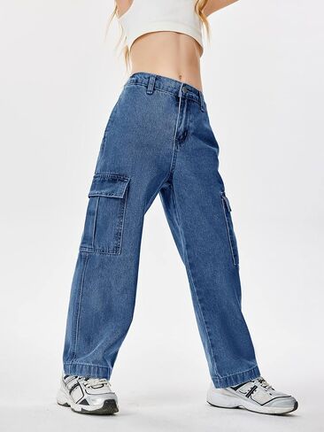 Haloumoning Girls Jeans Denim Elastic High Waisted Wide Leg Baggy Cargo Pants with Pockets 5-14 Years in Kuwait