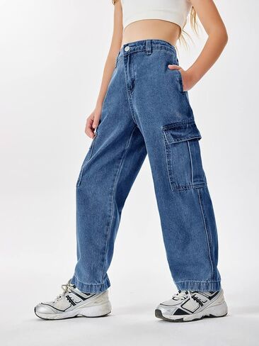 Haloumoning Girls Jeans Denim Elastic High Waisted Wide Leg Baggy Cargo Pants with Pockets 5-14 Years in Kuwait