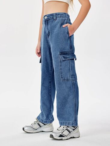 Haloumoning Girls Jeans Denim Elastic High Waisted Wide Leg Baggy Cargo Pants with Pockets 5-14 Years in Kuwait