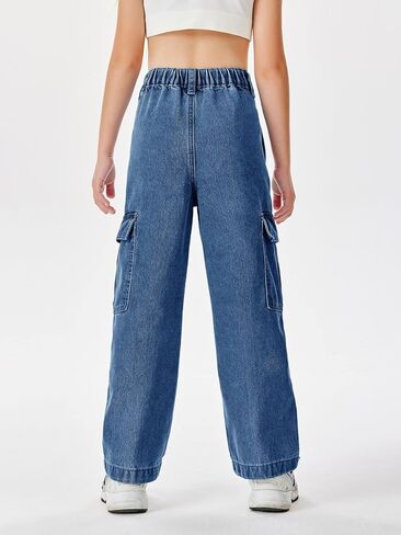 Haloumoning Girls Jeans Denim Elastic High Waisted Wide Leg Baggy Cargo Pants with Pockets 5-14 Years in Kuwait