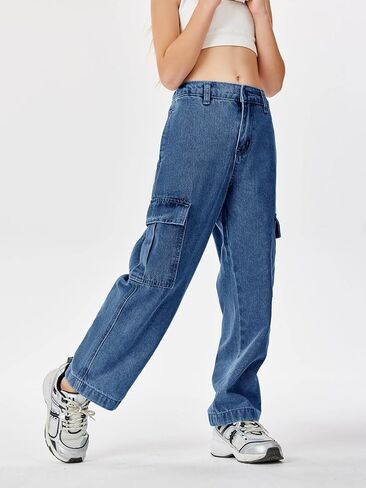 Haloumoning Girls Jeans Denim Elastic High Waisted Wide Leg Baggy Cargo Pants with Pockets 5-14 Years in Kuwait