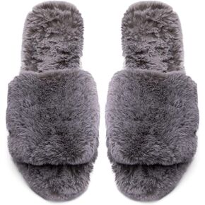 EUROPEAN SOFTEST Women's Soft Plush Faux Fur Lightweight House Slippers Fuzzy Memory Foam Spa Slip on Open Toe Cozy House Slippers