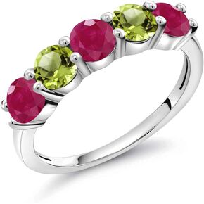 Gem Stone King 925 Sterling Silver Red Ruby and Green Peridot Wedding Band Ring For Women (1.16 Cttw, Round 3.5MM, Gemstone July Birthstone, Available In Size 5, 6, 7, 8, 9)