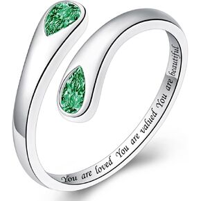 Thumb Rings for Women - 925 Sterling Silver Birthstone Open Teardrop Encouragement Adjustable Ring Women Gifts for Teens Mom Birthday Mother's Day St Patricks Day