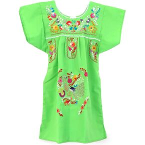 Embroidered Puebla Mexican Dress for Girls, Handmade Traditional Mexican Dress for Girls, Cotton Floral Girls Mexican Dress