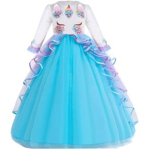 FMYFWY Unicorn Costume for Girls Birthday Pageant Party Dress Halloween Christmas Long Sleeve Maxi Tulle Wedding Ball Gown