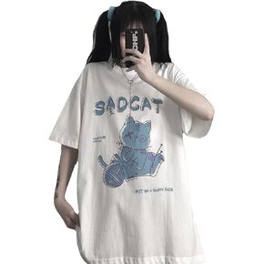 Women's Goth T-Shirt Summer Graphic Harajuku Gothic Creepy Cat Print Novelty Short Sleeve Top