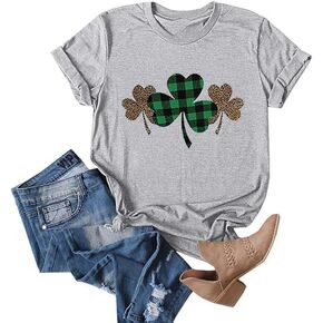 Women's St Patrick's Day T-Shirt Lucky Irish Shamrock T Shirts Lucky Mama Clover Green Tee Top