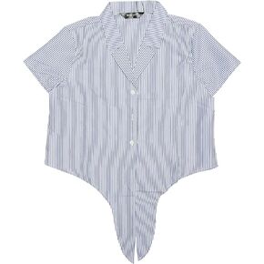Allegra K Women's Striped Button Up Lapel Collar Top Short Sleeve Tie Front Crop Shirt