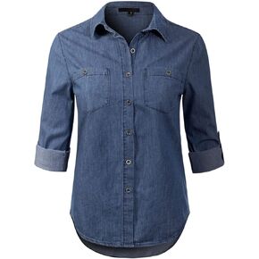 Design by Olivia Women's Basic Classic Roll up Sleeve Button Down Chambray Denim Shirt