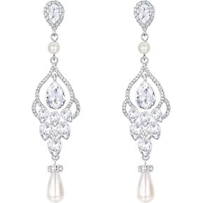 EVER FAITH Bridal Austrian Crystal Teardrop Simulated Pearl Vintage Chandelier Earrings for Woman
