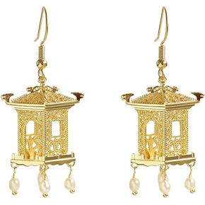 1 Pair Girls Bead Tassel Earrings Gold Drop Earrings Pavilion Shaped Design Earrings Decorative Chinese Style Ear Jewelry Party Dangle Earrings for Women Ladies